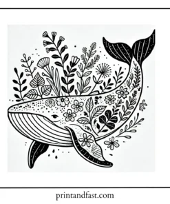 Botanical whale coloring page 1