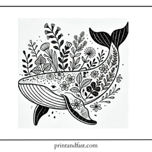 Botanical whale coloring page 1