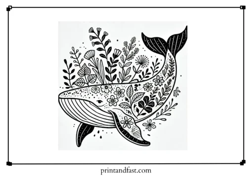 Botanical whale coloring page 1