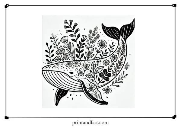 Botanical whale coloring page 3