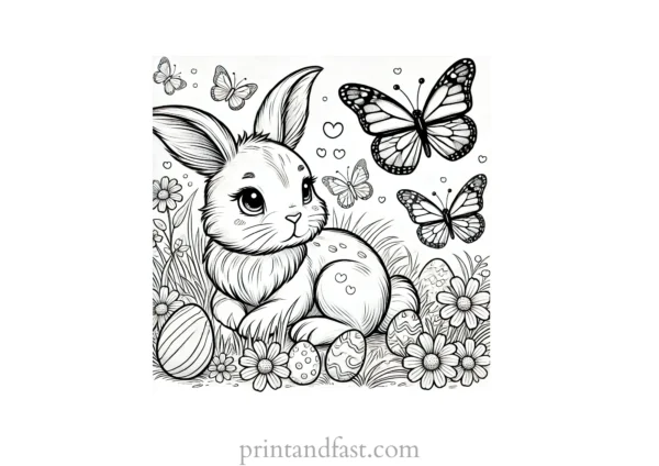 Bunny coloring page with butterflies black and wh.png