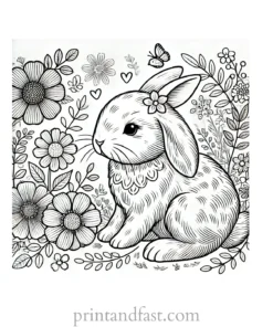 Bunny coloring page with flowers