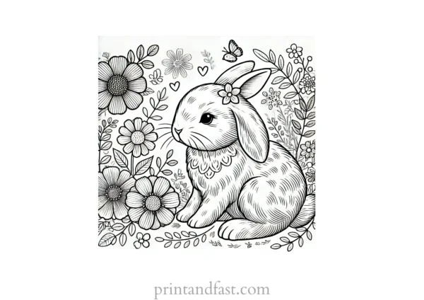 Bunny coloring page with flowers