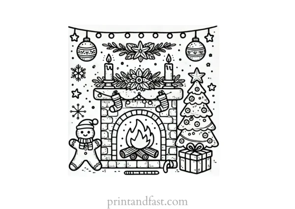 Christmas coloring page fireplace