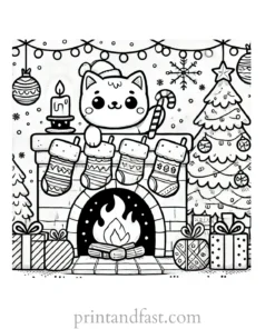 Christmas coloring page fireplace stockings