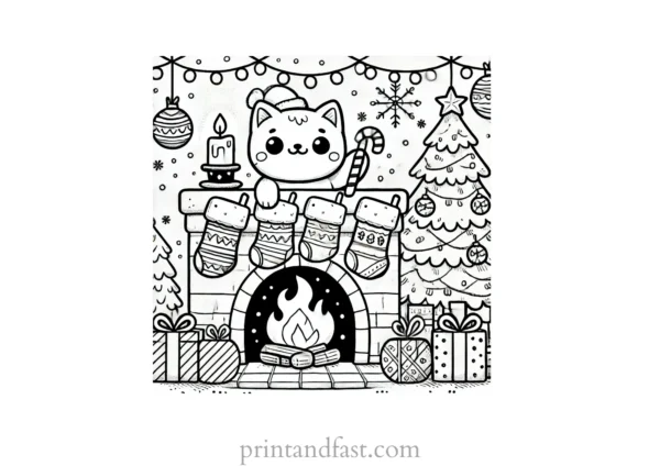 Christmas coloring page fireplace stockings