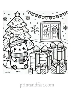 Christmas coloring page presents under tree