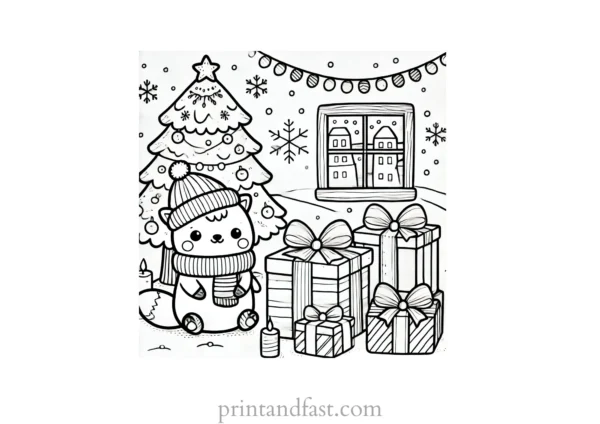 Christmas coloring page presents under tree