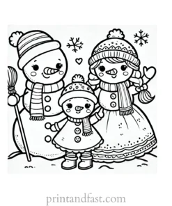 Christmas coloring page snowman family