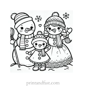 Christmas coloring page snowman family