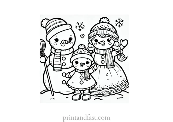 Christmas coloring page snowman family