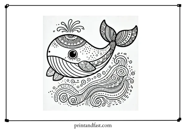 Whimsical whale coloring page 1