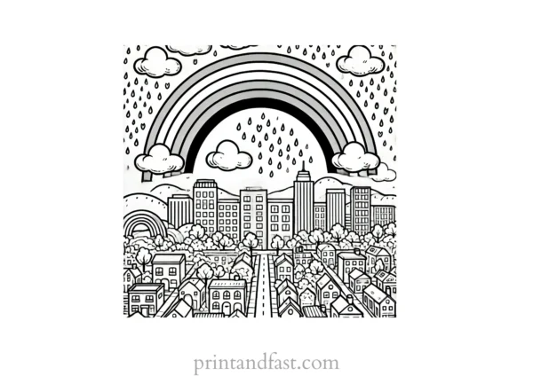 rainbow and city coloring page