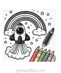 rainbow and spaceship coloring page