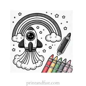 rainbow and spaceship coloring page