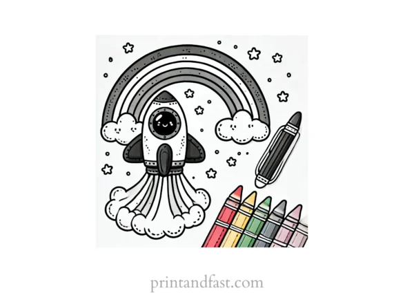 rainbow and spaceship coloring page