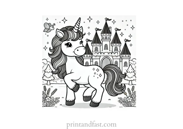 unicorn coloring page with castle