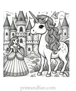 unicorn coloring page with castle and princess