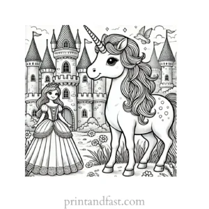 unicorn coloring page with castle and princess