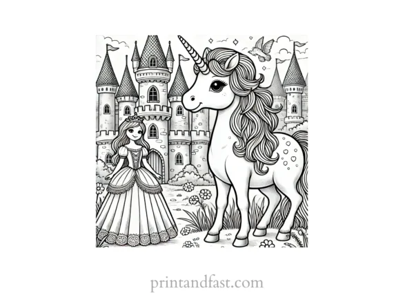 unicorn coloring page with castle and princess