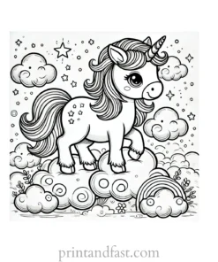 unicorn coloring page with clouds