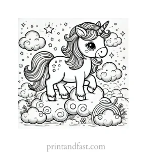 unicorn coloring page with clouds