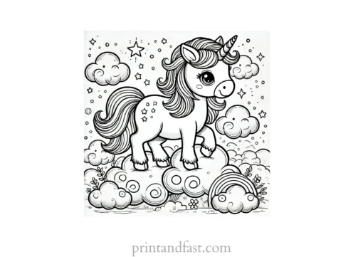 unicorn coloring page with clouds