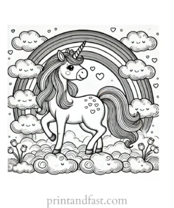 unicorn coloring page with clouds and rainbow