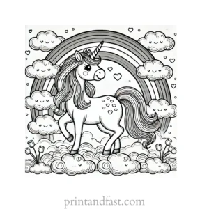 unicorn coloring page with clouds and rainbow