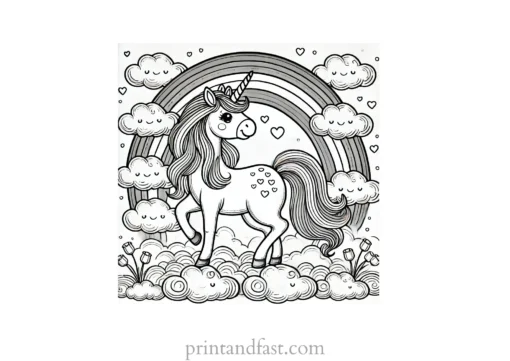 unicorn coloring page with clouds and rainbow