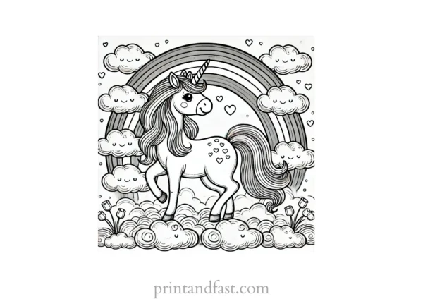 unicorn coloring page with clouds and rainbow