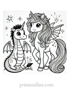 unicorn coloring page with dragon