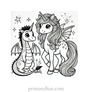 unicorn coloring page with dragon