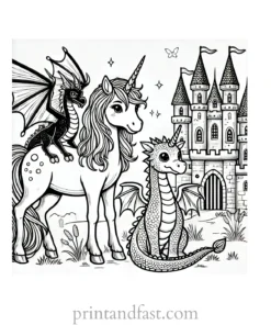 unicorn coloring page with dragon and castle