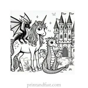 unicorn coloring page with dragon and castle