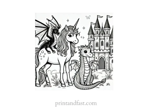 unicorn coloring page with dragon and castle