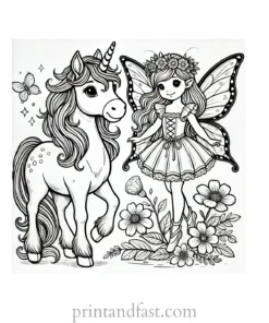 unicorn coloring page with fairy and unicorn