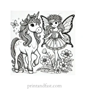 unicorn coloring page with fairy and unicorn