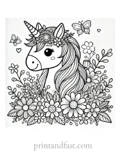 unicorn coloring page with flowers