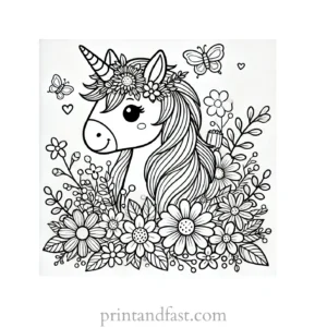 unicorn coloring page with flowers