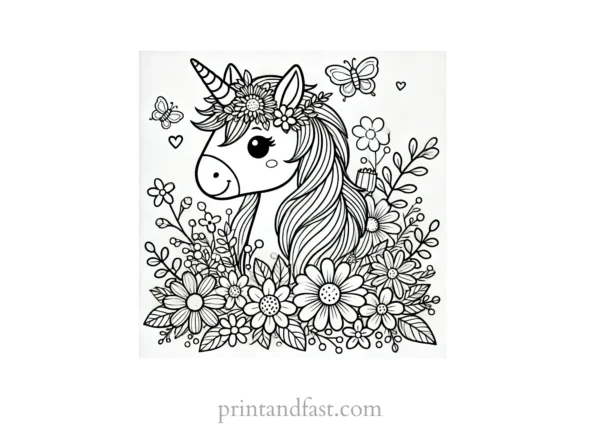 unicorn coloring page with flowers