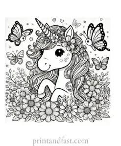 unicorn coloring page with flowers and butterflies