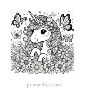 unicorn coloring page with flowers and butterflies