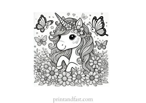 unicorn coloring page with flowers and butterflies