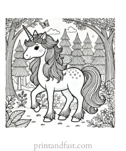 unicorn coloring page with forest