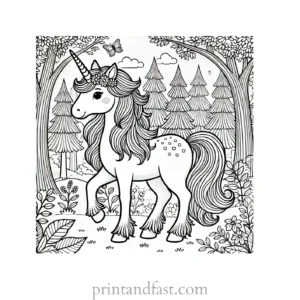 unicorn coloring page with forest