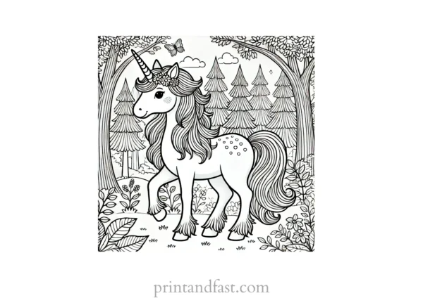 unicorn coloring page with forest