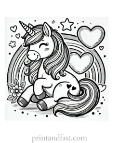 unicorn coloring page with heart and rainbow