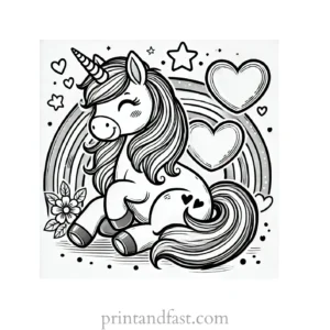 unicorn coloring page with heart and rainbow