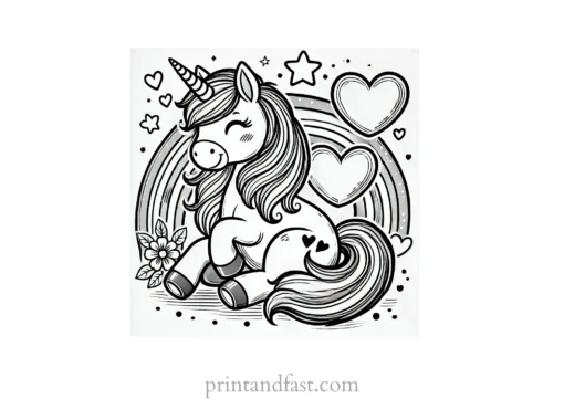 unicorn coloring page with heart and rainbow